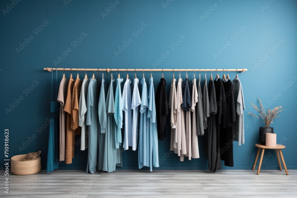 minimal rack with blue color palette male clothes on hangers. Open closet, dressing room for wardrobe at bachelor's apartment interior. Man outfits store.