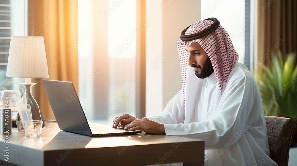 An Arab man in a traditional white thobe and ghutra is working on a laptop in an office, An Arab man in a traditional white thobe and ghutra is working on a laptop in an office,