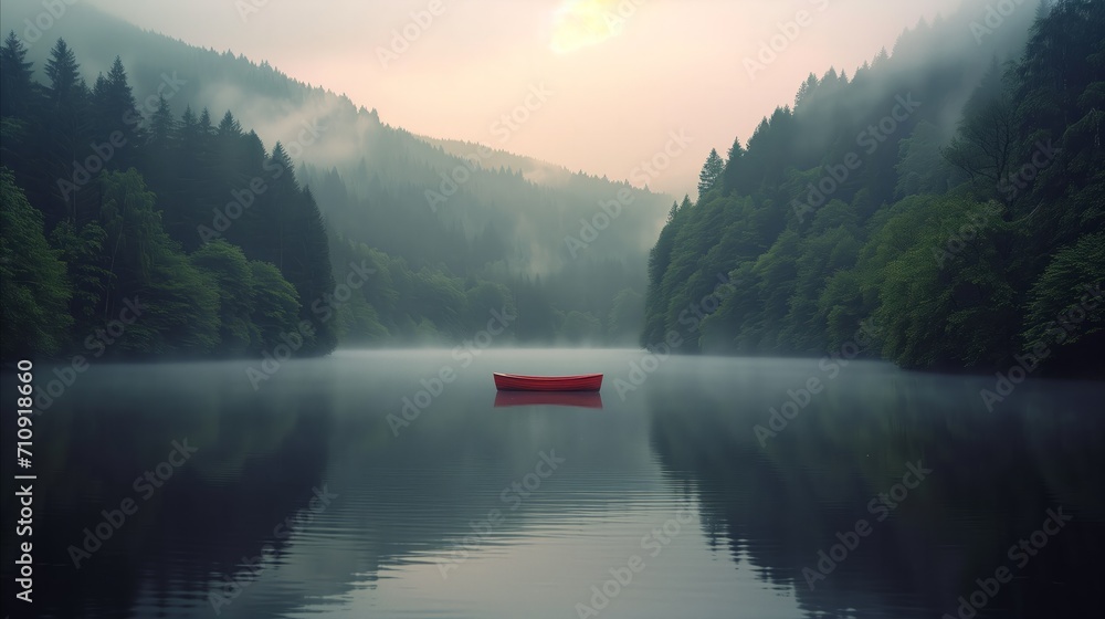 Solitary red boat on a misty lake at sunrise surrounded by forest - obrazy, fototapety, plakaty 