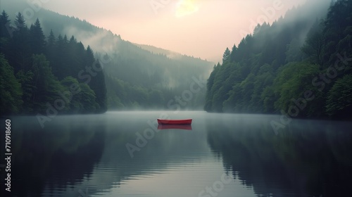 Solitary red boat on a misty lake at sunrise surrounded by forest