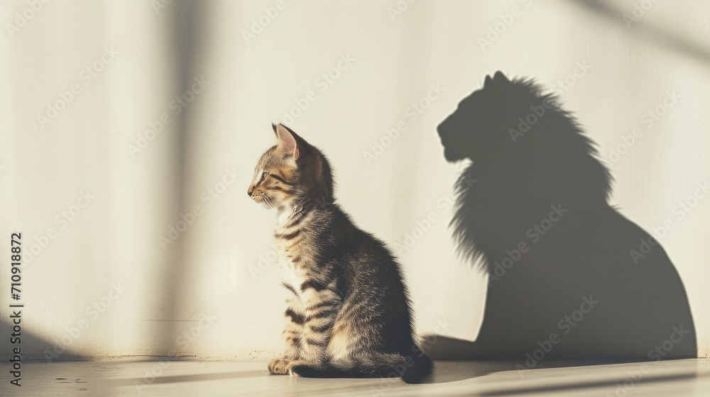 Whiskered Mirage: The Little Cat with a Lion's Shadow. Generative AI - obrazy, fototapety, plakaty 
