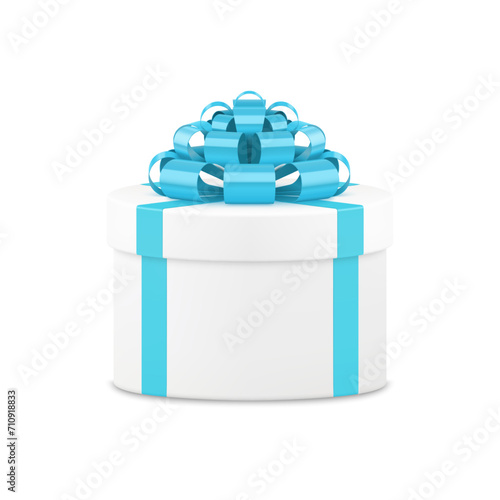 White luxury circle gift box with blue bow ribbon festive package 3d icon realistic vector