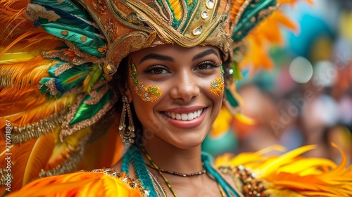 Joyful woman in colorful carnival costume with feather headdress
