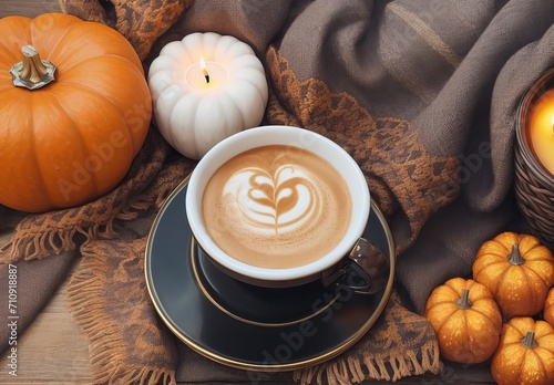 Set the autumn mood with this top view photo of a gilded cup of coffee, patchy scarf with pumpkin candles on brown isolated backdrop make it a perfect composition for text or advert placement

