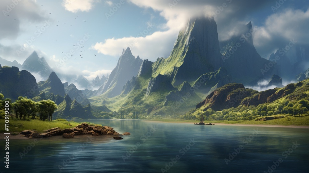 A hidden inlet surrounded by towering cliffs and snow-capped peaks, where the sea meets the rugged mountains in a stunning display of nature's beauty -Generative Ai