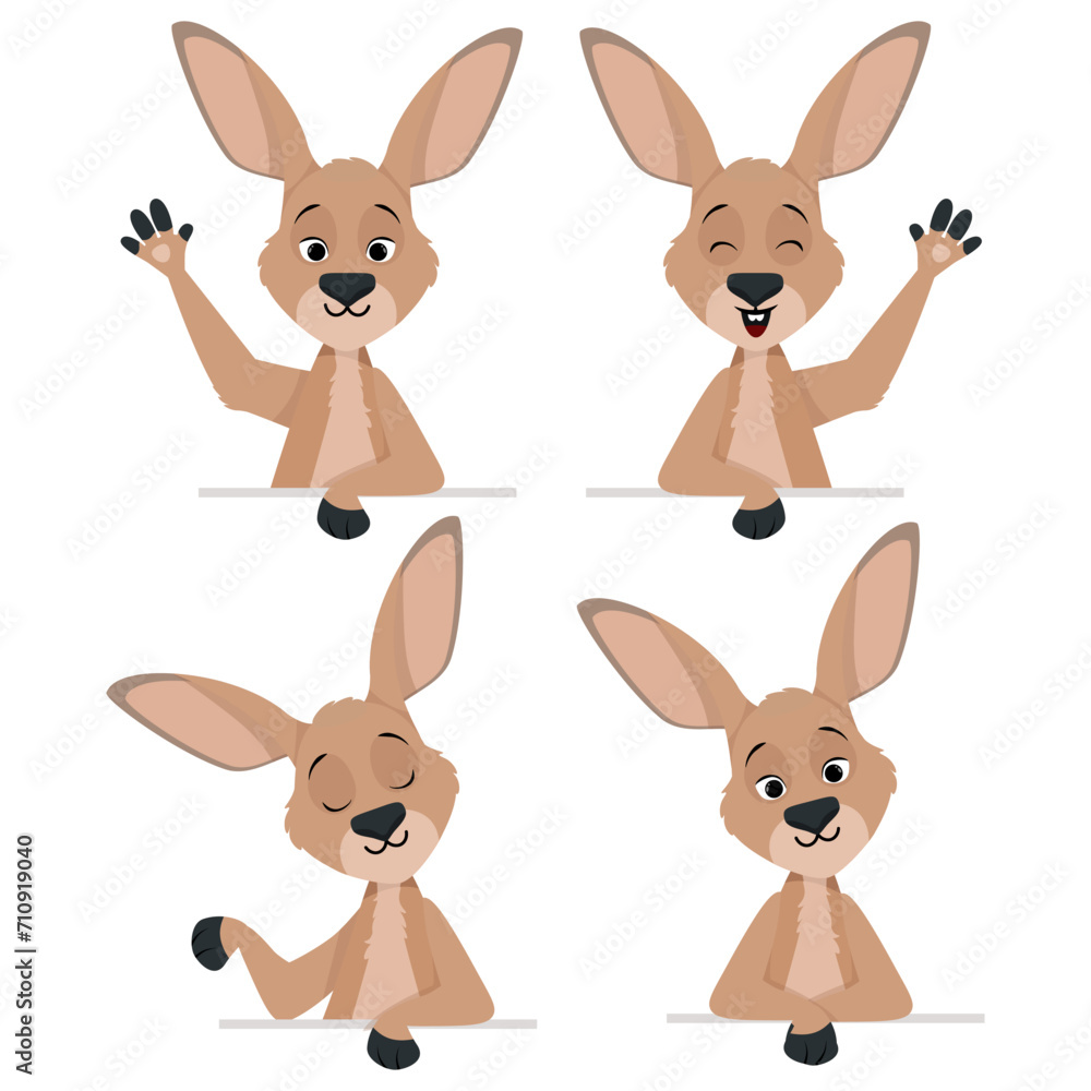 Cute kangaroo character set waving its paw