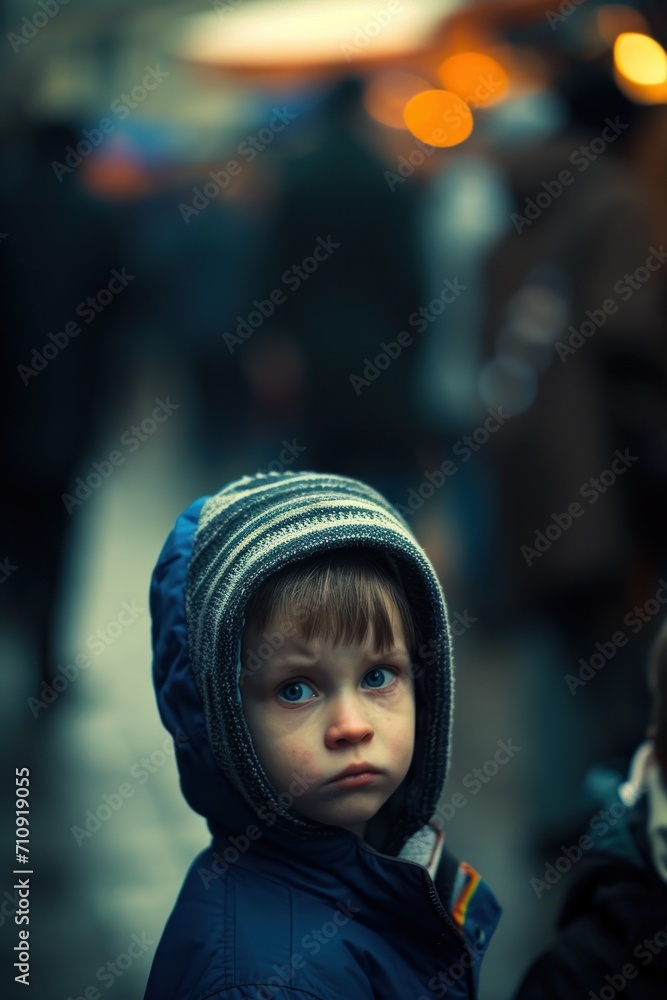 A single sad refugee child in a hooded jacket stands out against a blurred background with warm bokeh lights. A single sad refugee child in a hooded jacket stands out against a blurred background with warm bokeh lights.