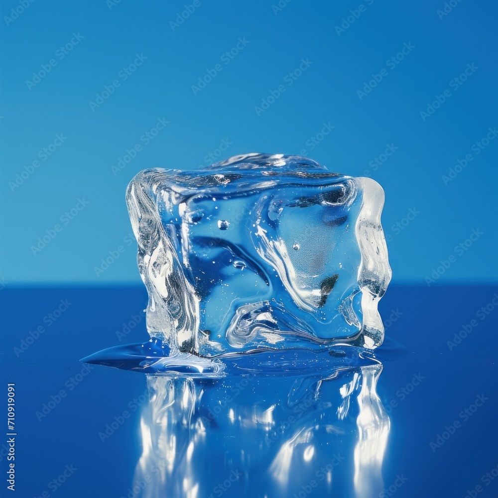 Close-up of a single ice cube melting on a reflective blue surface, highlighting the clarity and imperfections within Close-up of a single ice cube melting on a reflective blue surface, highlighting the clarity and imperfections within