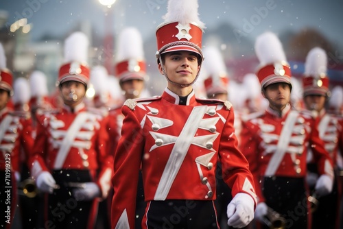 marching band musician closeup dressed in festive uniform on parade celebration photo
