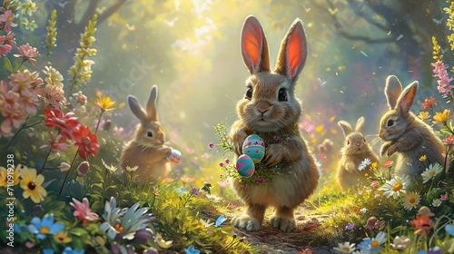 An Easter bunny holding colorful easter eggs in hands