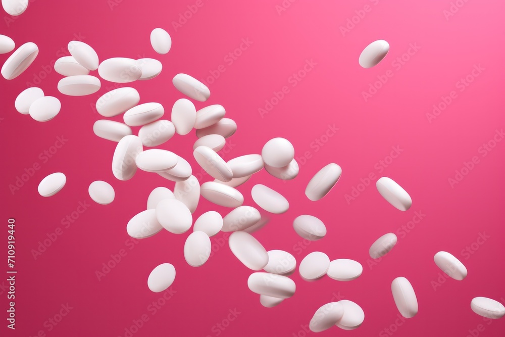 white capsules flying in the air on pink background. Medical banner. Prescription of medication. Pills and  treatment concept. Pharmacy and clinic banner with copy space. Opioid crisis, painkillers. 