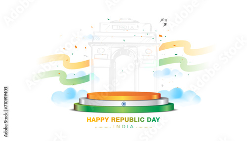 Vector design of tricolor podium stage for product display with India gate Republic Day background.