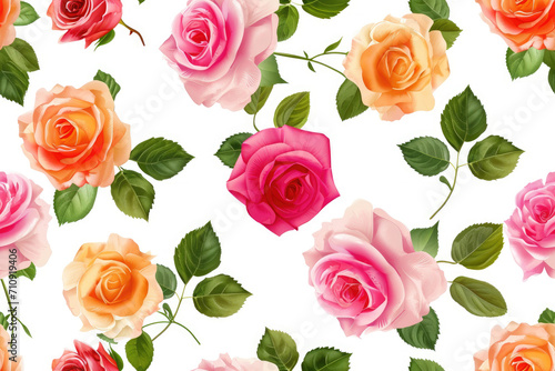Seamless pattern with colorful roses on white background.
