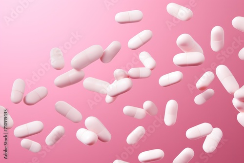 white capsules flying in the air on pink background. Medical banner. Prescription of medication. Pills and treatment concept. Pharmacy and clinic banner with copy space. Opioid crisis, painkillers. 