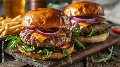 Gourmet cheeseburgers with fries on rustic wooden board in restaurant setting photo