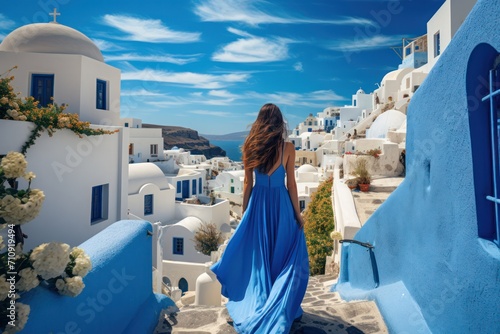 beautiful attractive brunette woman in blue dress on a Greek island on sunny day with sea view and white buildings. Travel agency banner and tourism. Solo female traveler. Fashion and style.