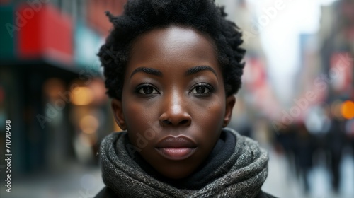 Confident african american woman in urban setting, portrait with blurred city background © OKAN