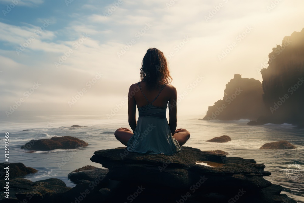 young woman practicing meditation. Female yoga trainer or teacher from behind sitting on rocky beach looking at horizon in the morning. Solo traveler. Calm and mindfulness, 