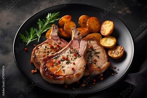 Roasted pork steaks from neck meat in plate with potato chips. Dark background. Top view