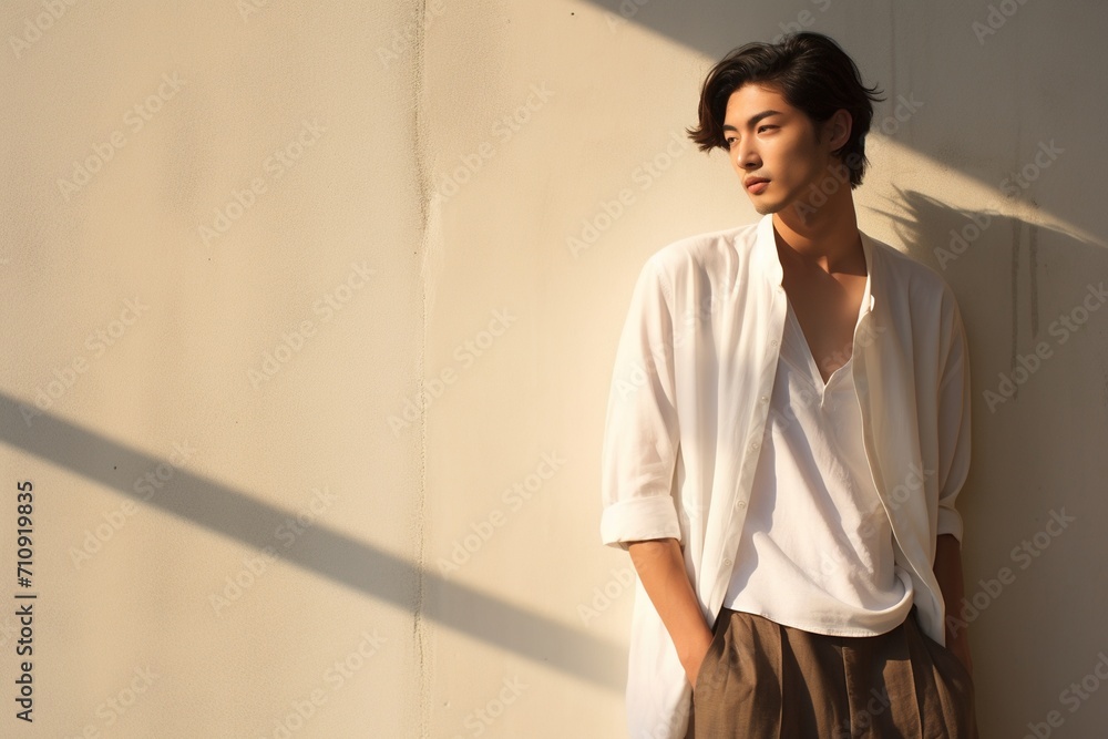 Asian man wearing white shirt and brown pants standing against a wall Asian man wearing white shirt and brown pants standing against a wall