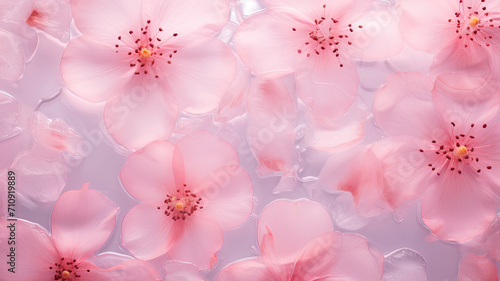 Pink background of frozen flowers in ice, concept of cryotherapy for skin care. Elegant pink petals in ice. Delicate texture. Frosty beautiful natural winter or spring background.