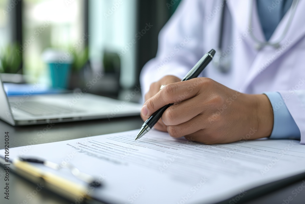 Fototapeta premium Doctor hands writing on paper or document at a desk in the hospital.