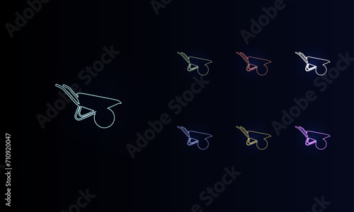 A set of neon garden wheelbarrow symbols. Set of different color symbols, faint neon glow. Vector illustration on black background