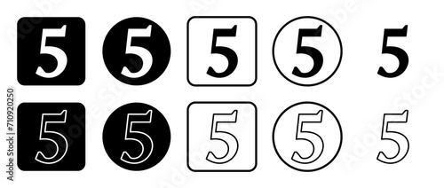 Icon set of number five symbol. Filled  outline  black and white icons set  flat style.  Vector illustration on white background