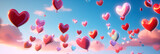 Banner with balloons hearts on sky background. Header with flying valentines.