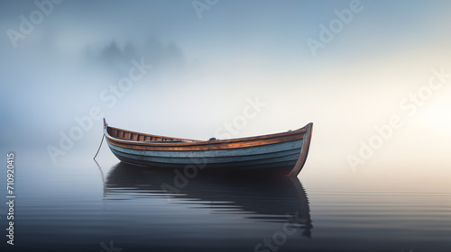 Small wooden rowboat on a still lake surrounded by thick mist