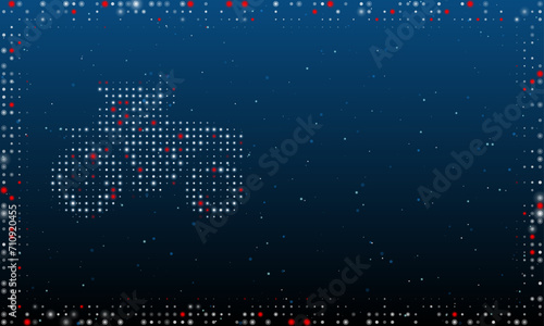 On the left is the tractor symbol filled with white dots. Pointillism style. Abstract futuristic frame of dots and circles. Some dots is red. Vector illustration on blue background with stars