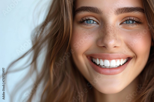 The close-up features the girl s perfect smile