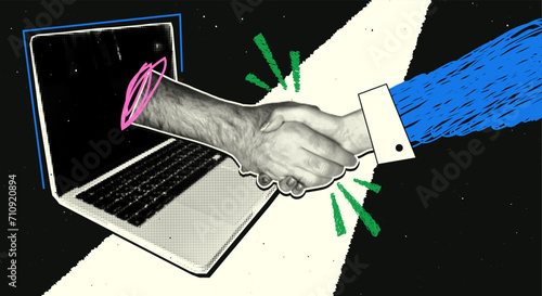 Handshake in retro collage style. Hands with halftone effect make a deal, a hand comes out of a laptop, online deals. Vector modern illustration.