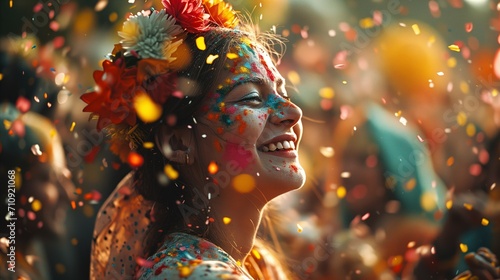 Joyful woman celebrating at colorful holi festival with confetti