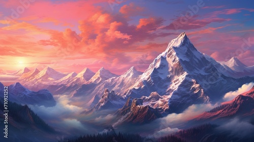 A highly detailed mountain vista during a vibrant sunset, capturing the hues of the sky reflecting on snow-capped peaks - Generative AI