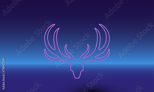 Neon deer horns symbol on a gradient blue background. The isolated symbol is located in the bottom center. Gradient blue with light blue skyline