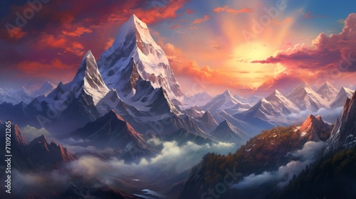 A highly detailed mountain vista during a vibrant sunset, capturing the hues of the sky reflecting on snow-capped peaks - Generative AI © Huzaifa