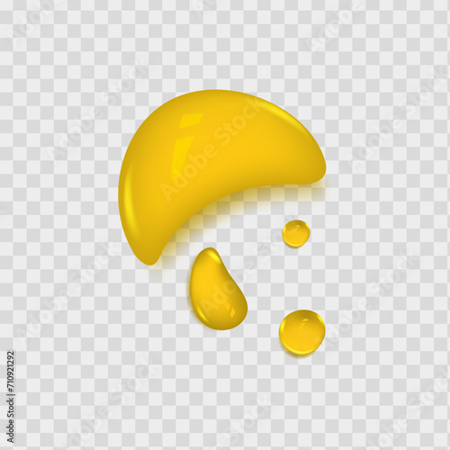 Background with spreading yellow petrol spots.Set of liquid golden drops of water, honey or oil. Collagen cosmetic essence. Organic serum or argan bubbles.