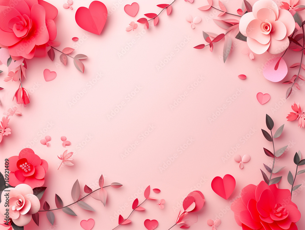 Elegant Floral Paper Art with Heart Shapes for Valentine's Day. Romantic Valentine's Day Background with Paper Flowers and Hearts.