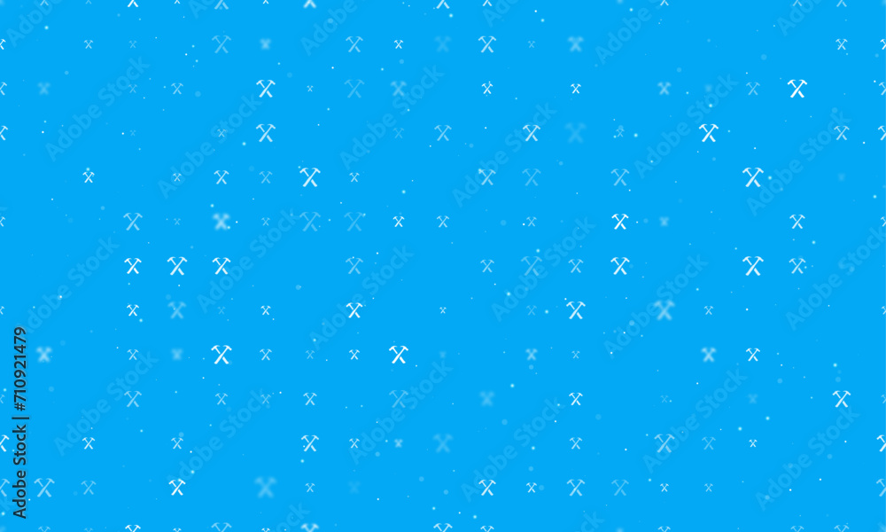 Seamless background pattern of evenly spaced white crossed hammers symbols of different sizes and opacity. Vector illustration on light blue background with stars