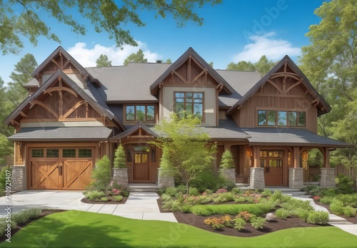 Stunning craftsman style home meticulously constructed with a three car garage featuring elegant wooden doors, surrounded by vibrant landscaping adorned with the luscious greenery of spring, creating  © Serajul