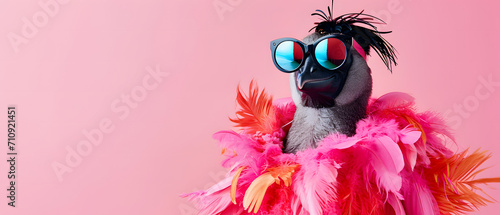 A flashy bird donning a pair of cool sunglasses and a playful pink boa, exuding confidence and flair with every flutter of its vibrant feathers