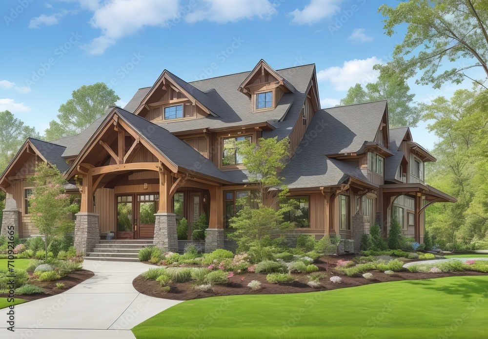 Stunning craftsman style home meticulously constructed with a three car garage featuring elegant wooden doors, surrounded by vibrant landscaping adorned with the luscious greenery of spring, creating
