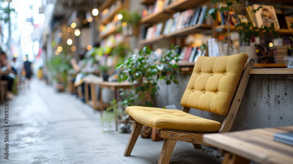 Stylish yellow chair in modern bookstore cafe with ambient lights