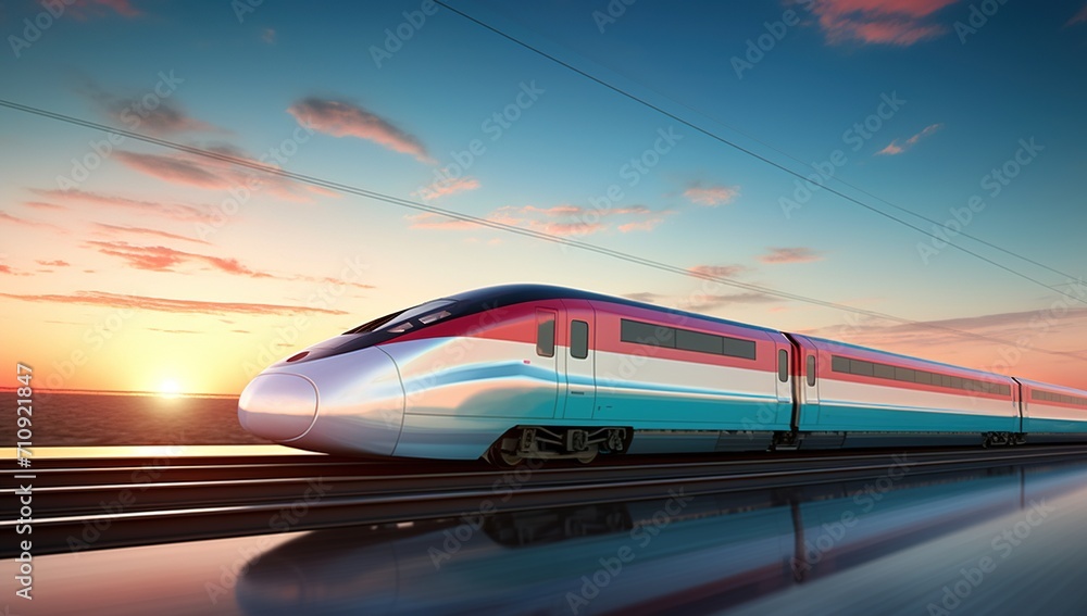 High speed train passing through water at sunset High speed train passing through water at sunset