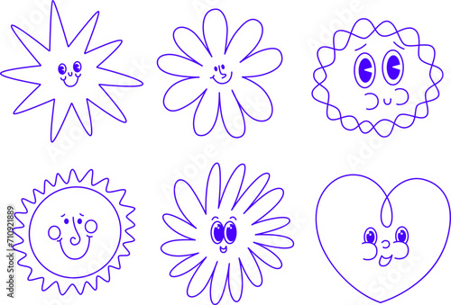 Retro line cartoon funny comic characters abstract stickers with smiling character and mascots icons set. shapes comic characters crayon drawing style  Vector illustration, logo design graphic