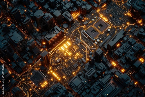 Electronic circuit board, computer motherboard with gold backlight. Futuristic design, advanced technologies. Generative AI