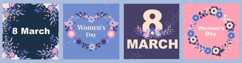 
International Women's Day backgrounds, cards, banners with flowers, March 8, set
