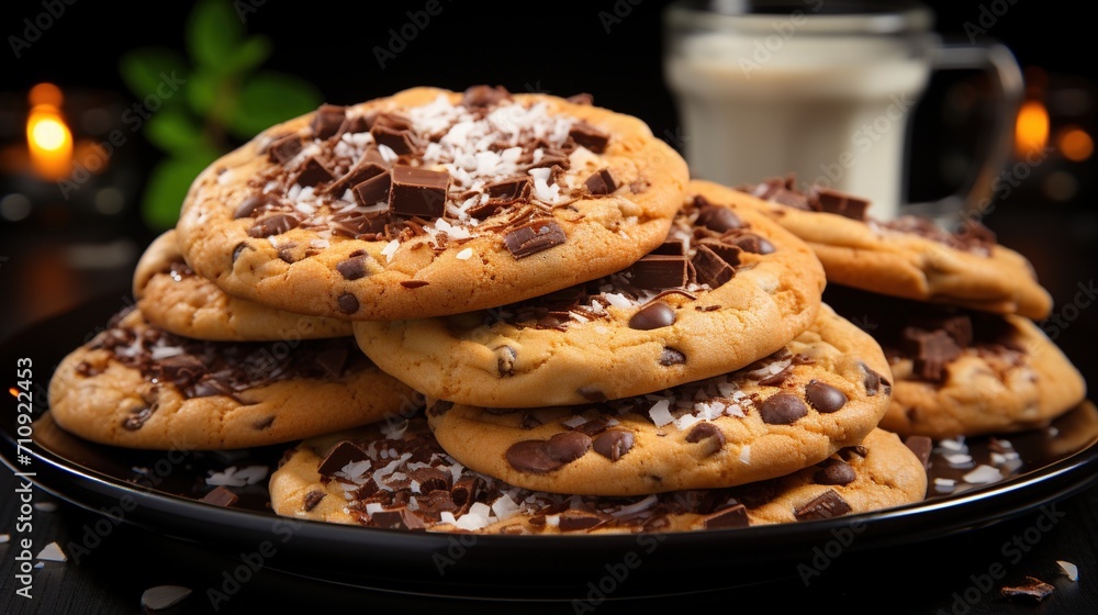A stack of chocolate chip cookies on a black plate A stack of chocolate chip cookies on a black plate