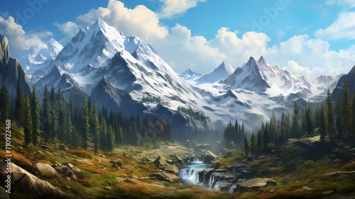 A highly detailed mountainous terrain, featuring dense forests leading up to majestic peaks - Generative AI © Huzaifa